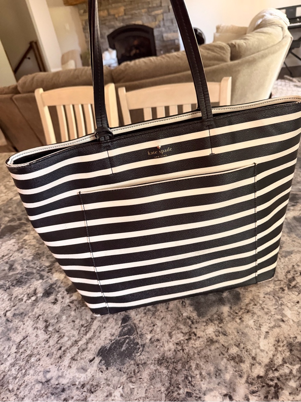 kate spade Black and White Striped Tote with Front Pocket
